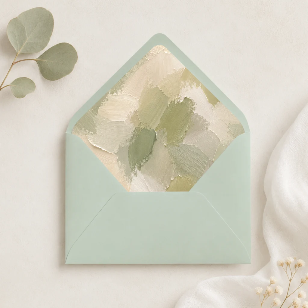 Lentegroen (Spring Green) envelope featuring the Sage Canvas Envelope Liner Template with textured sage green and ivory brushstroke artwork for elegant wedding invitations.