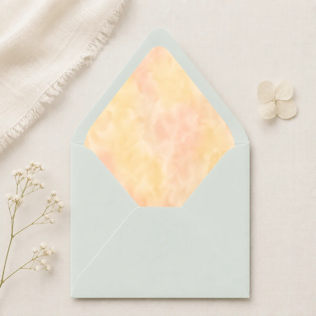 Butter Blush Envelope Liner Template displayed inside a Light Green envelope featuring soft butter yellow and blush watercolor tones for elegant wedding invitations.