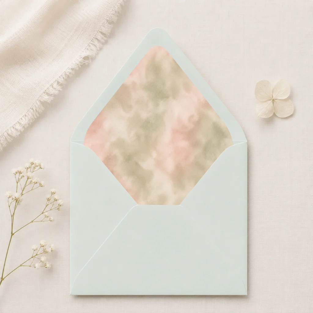 Light Green envelope with the Sage Blush Envelope Liner Template featuring soft watercolor sage green, blush pink, cream, and beige tones for elegant wedding invitations.