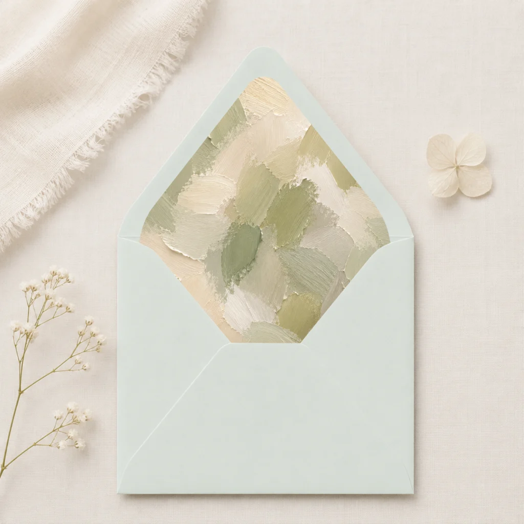 Light green envelope featuring the Sage Canvas Envelope Liner Template with textured sage green, olive, ivory, and cream brushstroke artwork for elegant wedding invitations.