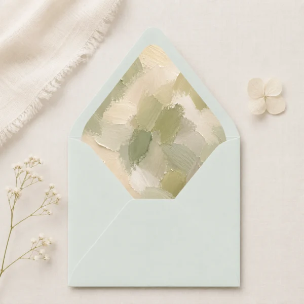 Light green envelope featuring the Sage Canvas Envelope Liner Template with textured sage green, olive, ivory, and cream brushstroke artwork for elegant wedding invitations.