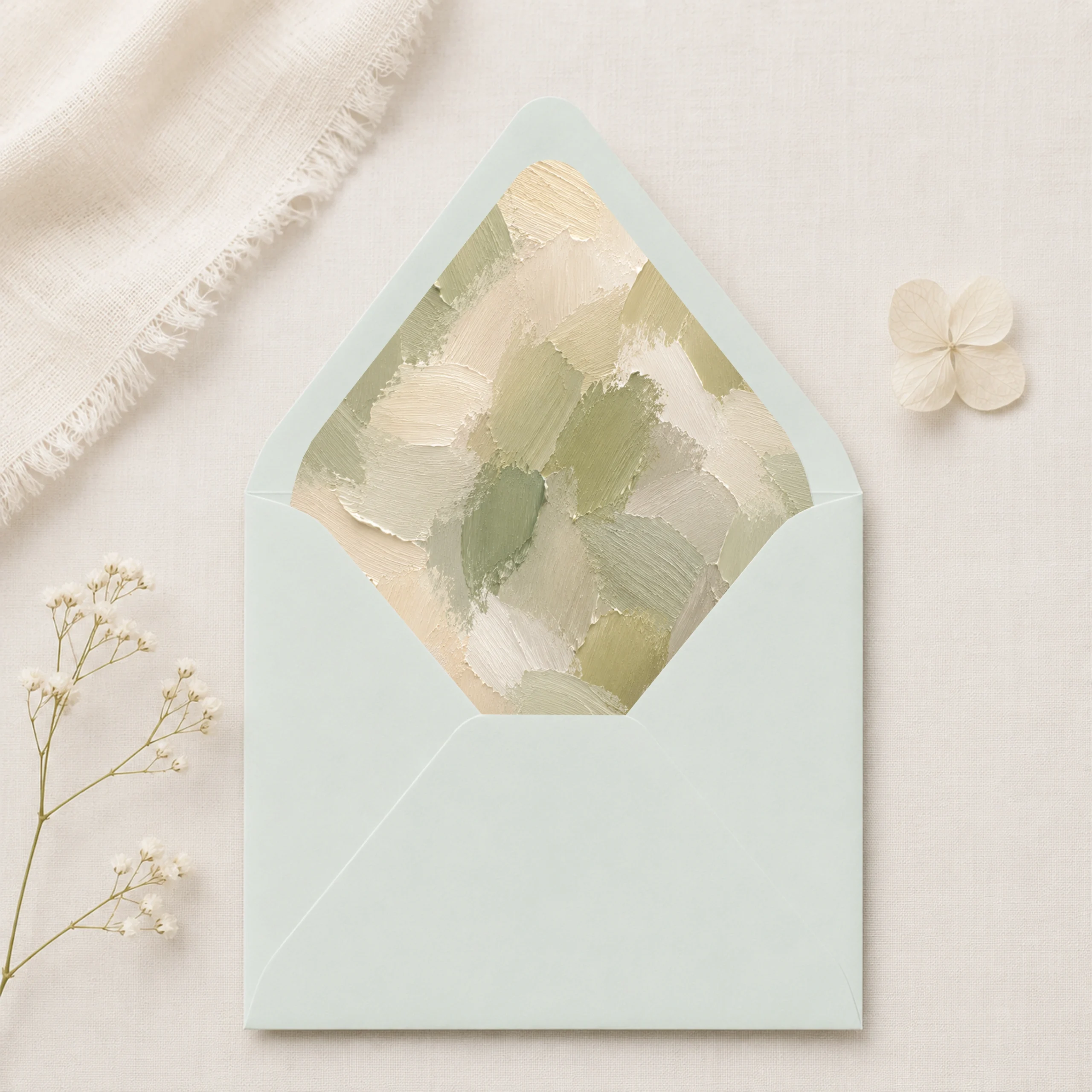 Light green envelope featuring the Sage Canvas Envelope Liner Template with textured sage green, olive, ivory, and cream brushstroke artwork for elegant wedding invitations.