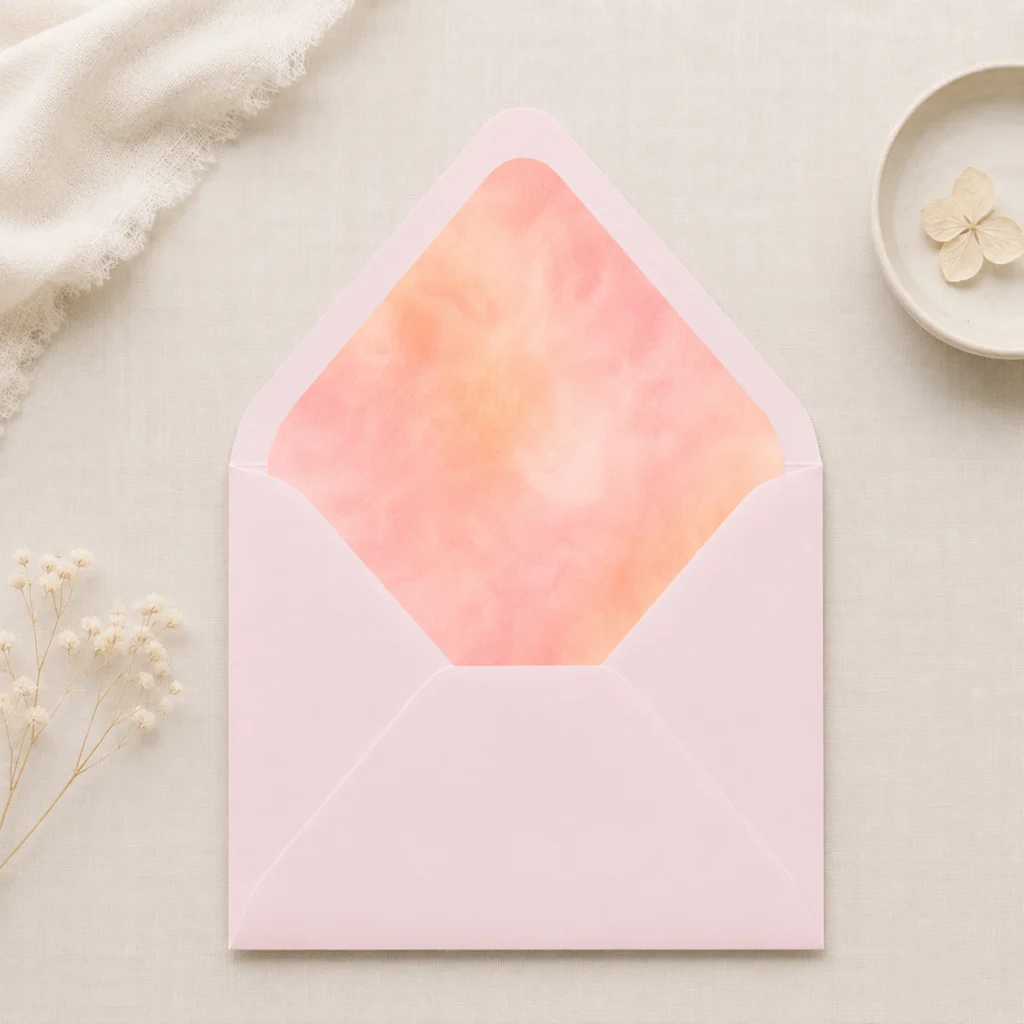 Light Pink envelope with Apricot Blush watercolor envelope liner in soft peach and blush tones, creating a delicate and romantic wedding invitation presentation.