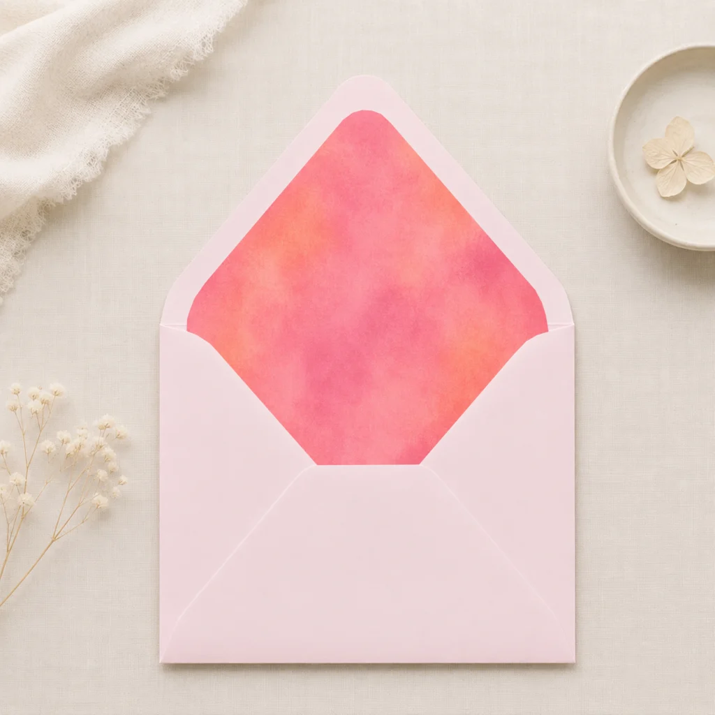 Blush Velvet envelope liner inside a light pink Euro flap envelope, creating a soft and romantic wedding invitation presentation.