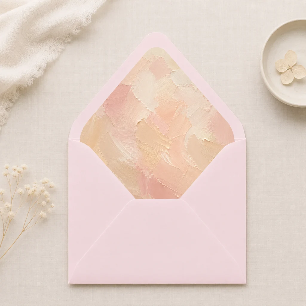Lichtroze (Light Pink) envelope with the Champagne Canvas envelope liner featuring soft painterly brushstrokes in champagne, blush pink, ivory, and warm cream, styled for elegant wedding invitations.
