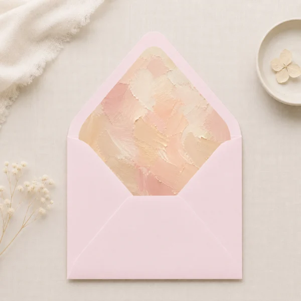 Lichtroze (Light Pink) envelope with the Champagne Canvas envelope liner featuring soft painterly brushstrokes in champagne, blush pink, ivory, and warm cream, styled for elegant wedding invitations.