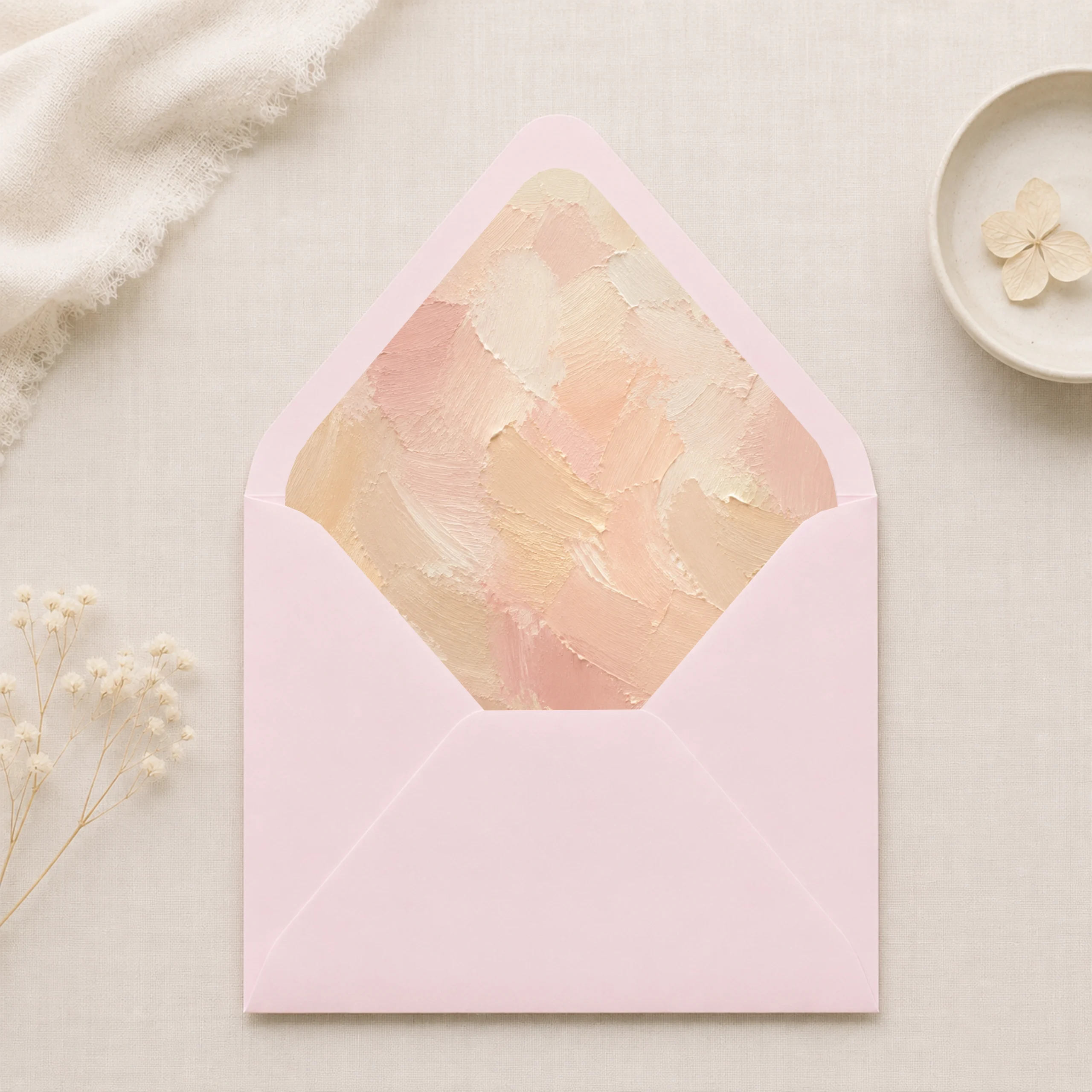 Lichtroze (Light Pink) envelope with the Champagne Canvas envelope liner featuring soft painterly brushstrokes in champagne, blush pink, ivory, and warm cream, styled for elegant wedding invitations.