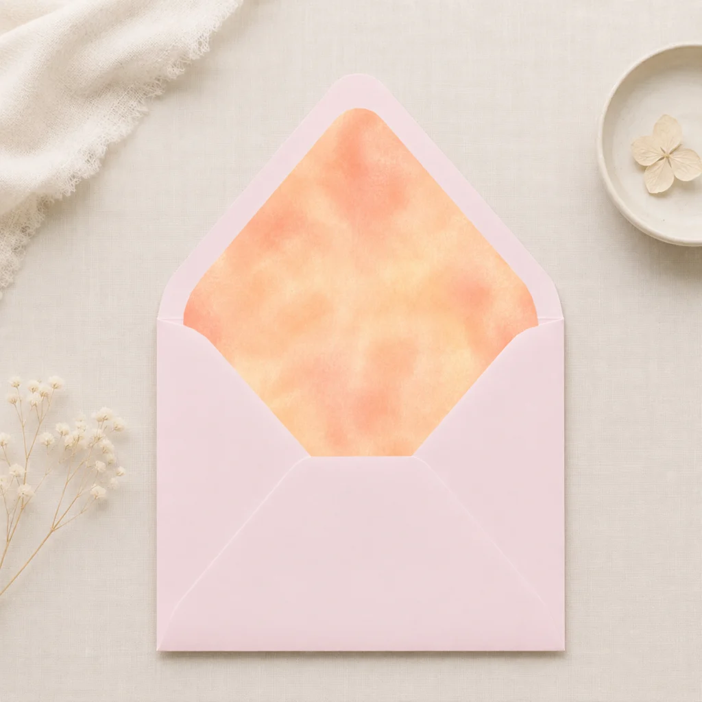 Light Pink envelope featuring the Champagne Peach Envelope Liner Template with soft champagne and peach watercolor artwork for elegant wedding invitations.