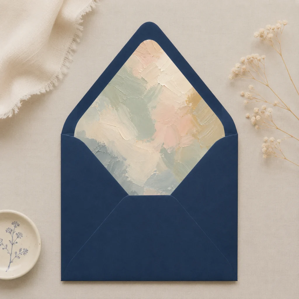 Night Blue envelope with Painter's Blush envelope liner featuring textured brushstrokes in sage green, ivory, blush, beige, muted blue, and soft gold for elegant wedding invitations.