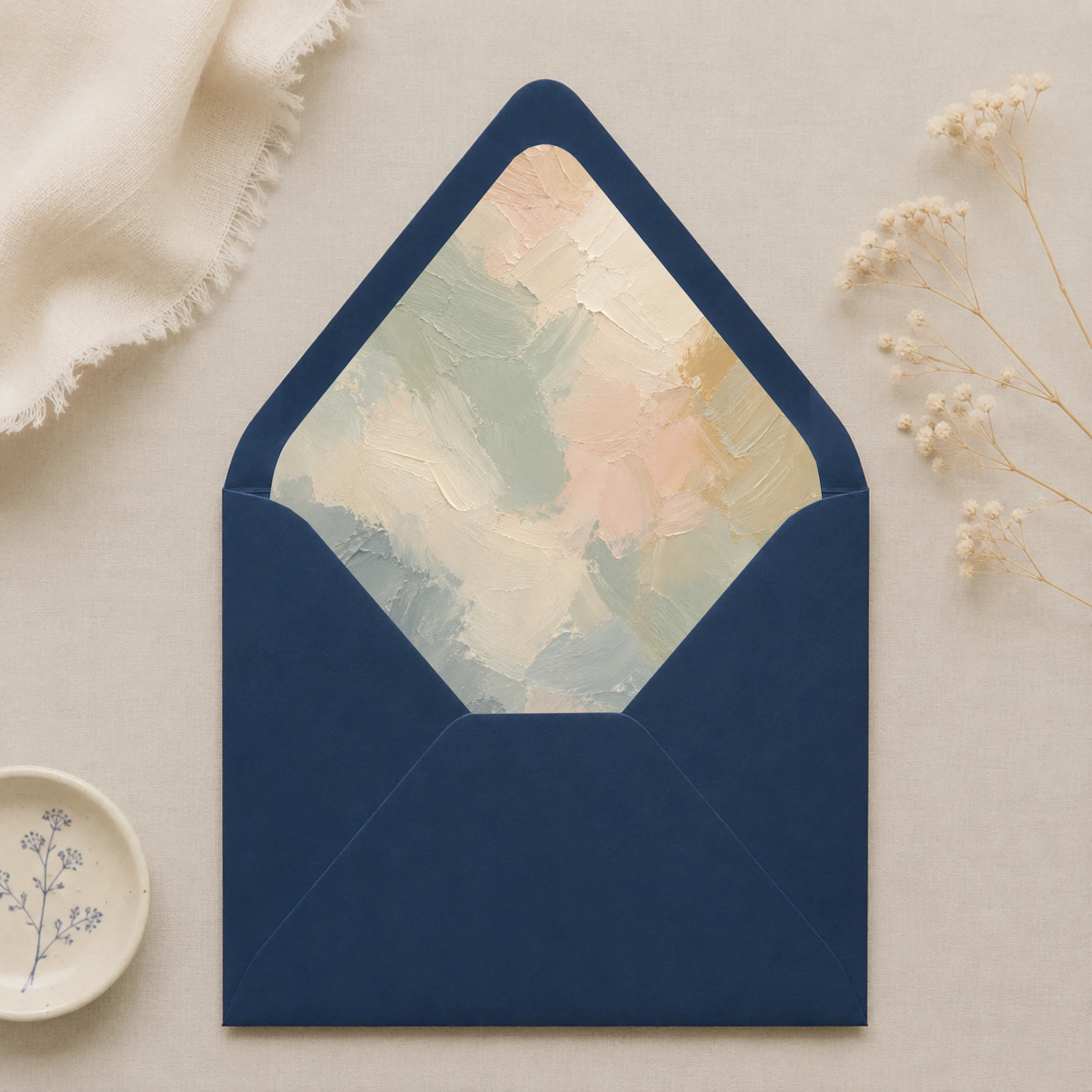 Night Blue envelope with Painter's Blush envelope liner featuring textured brushstrokes in sage green, ivory, blush, beige, muted blue, and soft gold for elegant wedding invitations.