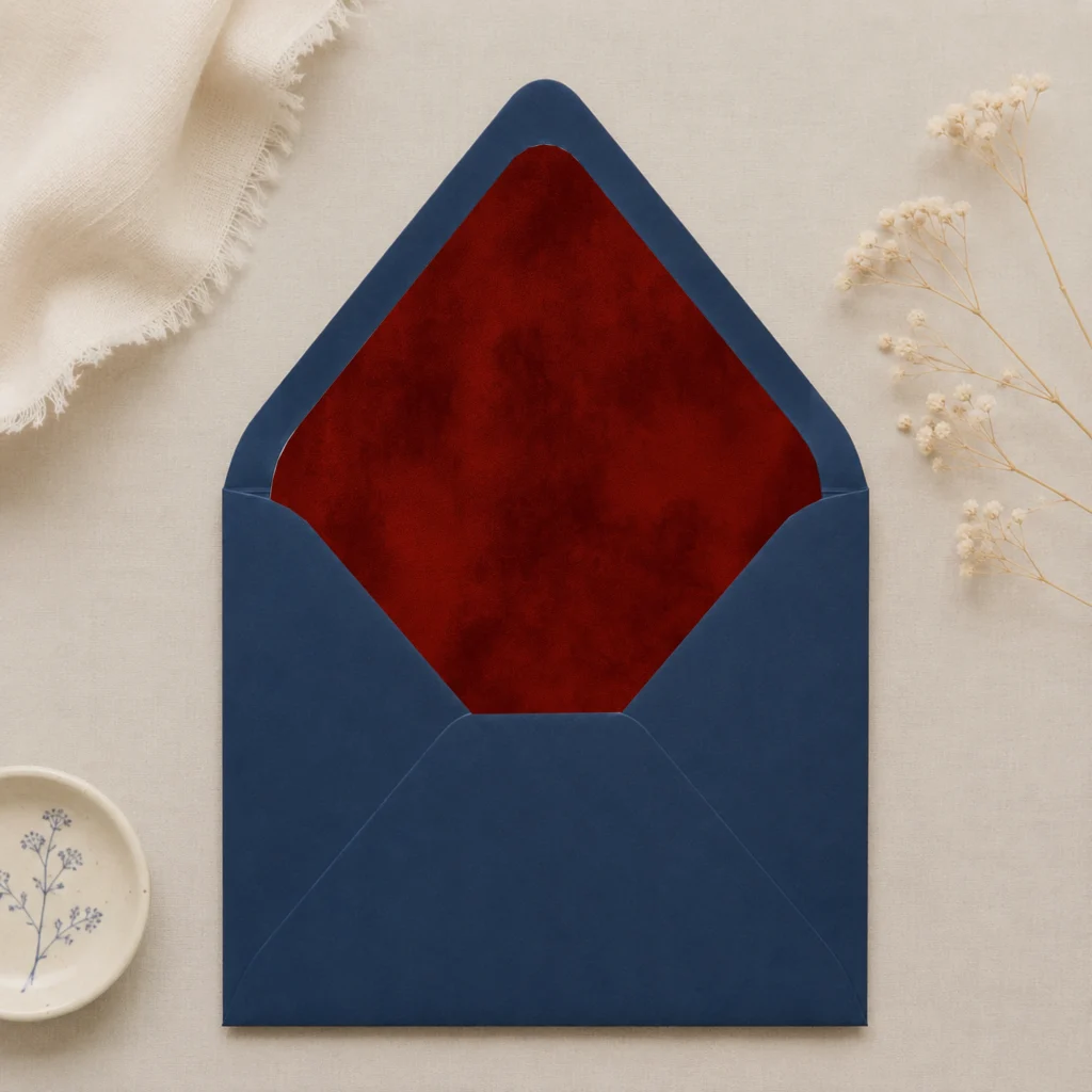 Nachtblauw (Night Blue) envelope with the Burgundy Velvet Envelope Liner Template featuring a rich deep burgundy watercolor texture for elegant wedding invitations.