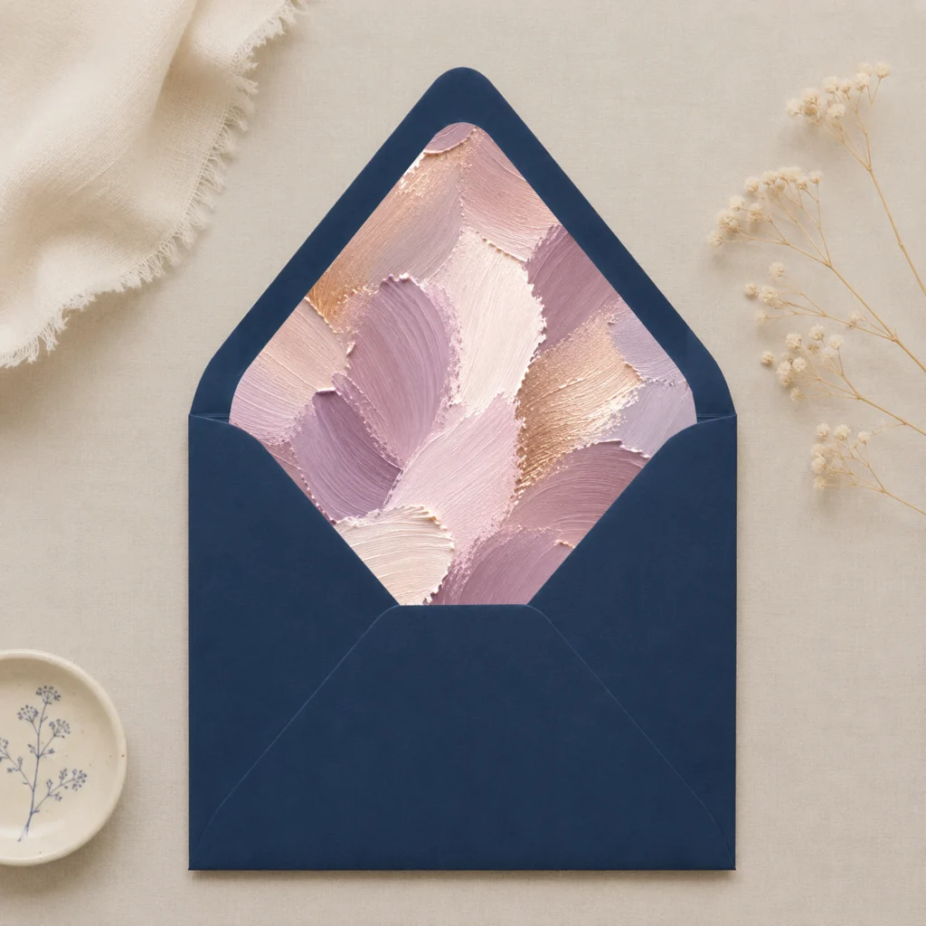 Nachtblauw (Night Blue) envelope with the Lavender Canvas envelope liner featuring textured painterly brushstrokes in lavender, mauve, champagne, blush pink, ivory, and warm taupe, styled for elegant wedding invitations.