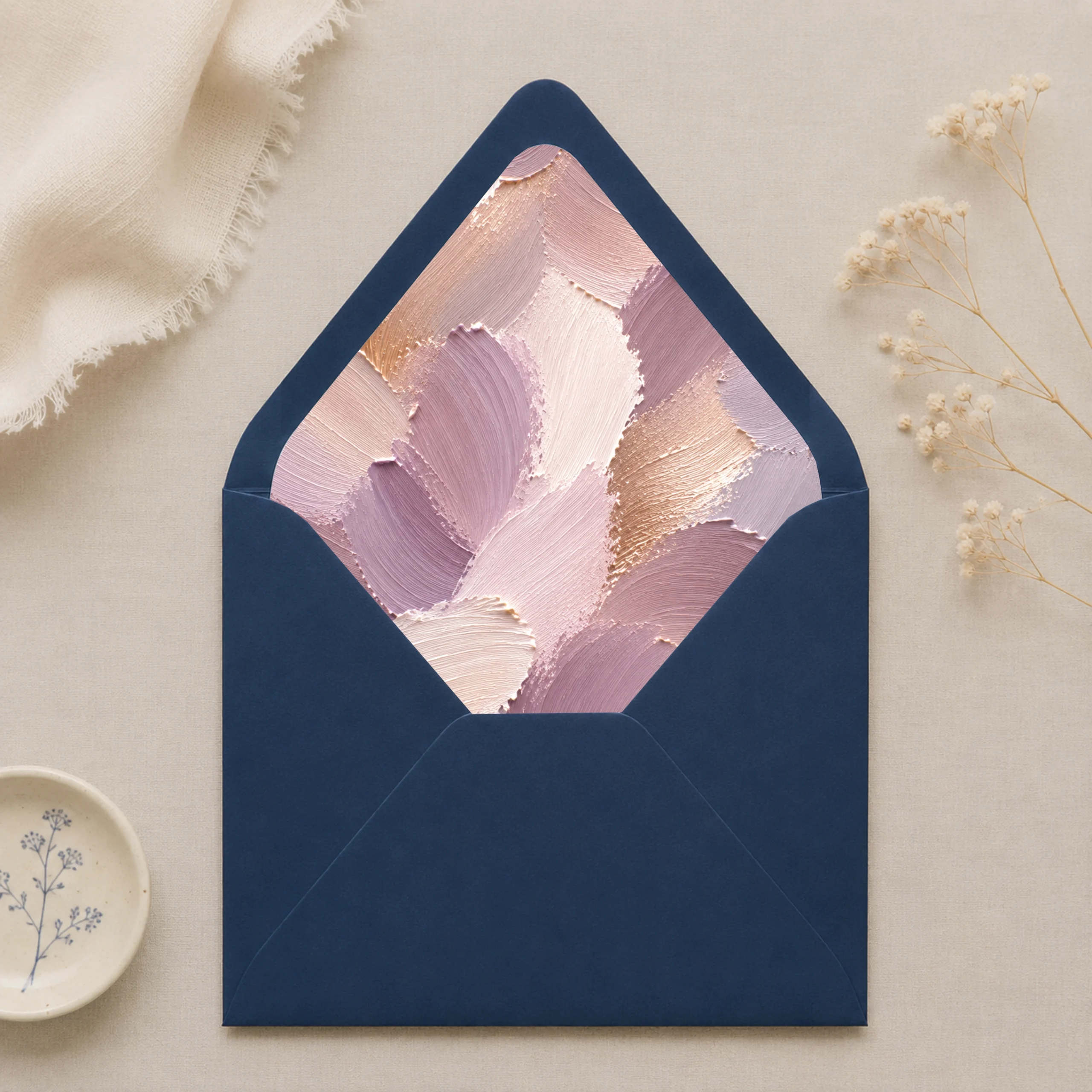 Nachtblauw (Night Blue) envelope with the Lavender Canvas envelope liner featuring textured painterly brushstrokes in lavender, mauve, champagne, blush pink, ivory, and warm taupe, styled for elegant wedding invitations.
