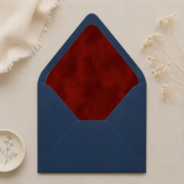 Nachtblauw (Night Blue) envelope with the Burgundy Velvet Envelope Liner Template featuring a rich deep burgundy watercolor texture for elegant wedding invitations.