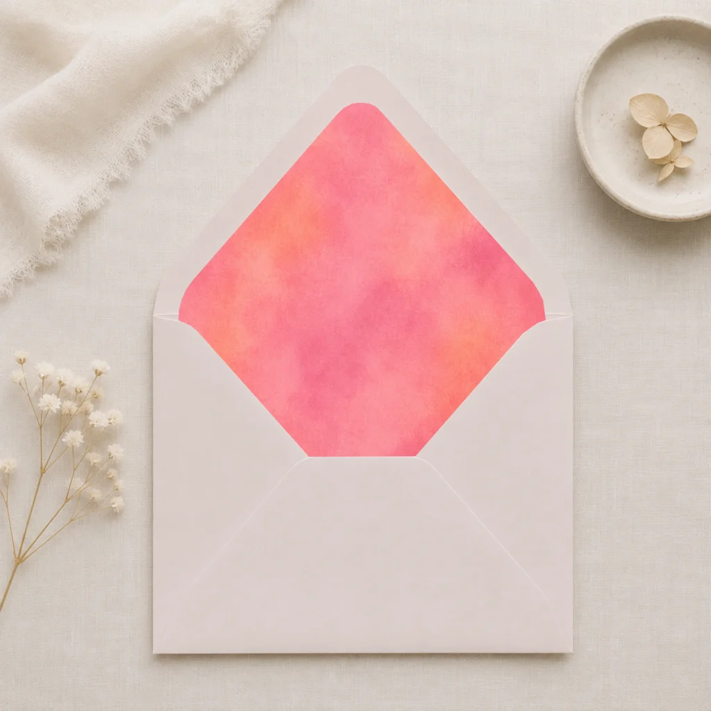 Blush Velvet envelope liner inside a taupe Euro flap envelope, creating a soft, elegant look for wedding invitations and romantic stationery.