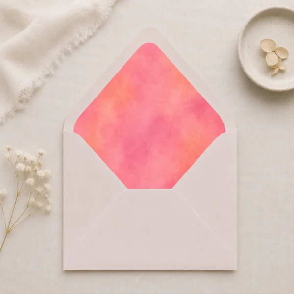 Blush Velvet envelope liner inside a taupe Euro flap envelope, creating a soft, elegant look for wedding invitations and romantic stationery.