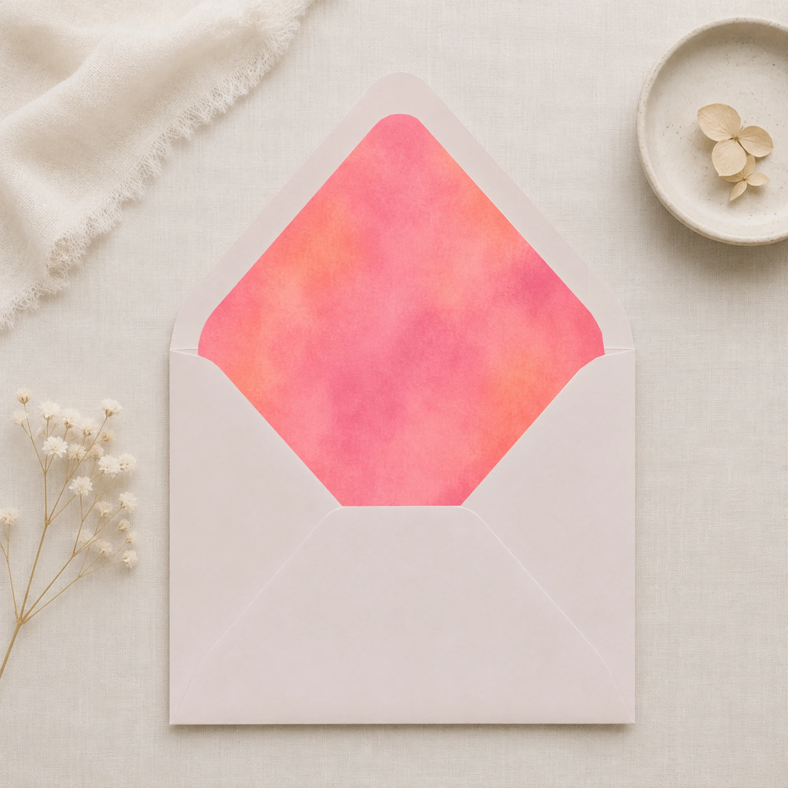 Blush Velvet envelope liner inside a taupe Euro flap envelope, creating a soft, elegant look for wedding invitations and romantic stationery.