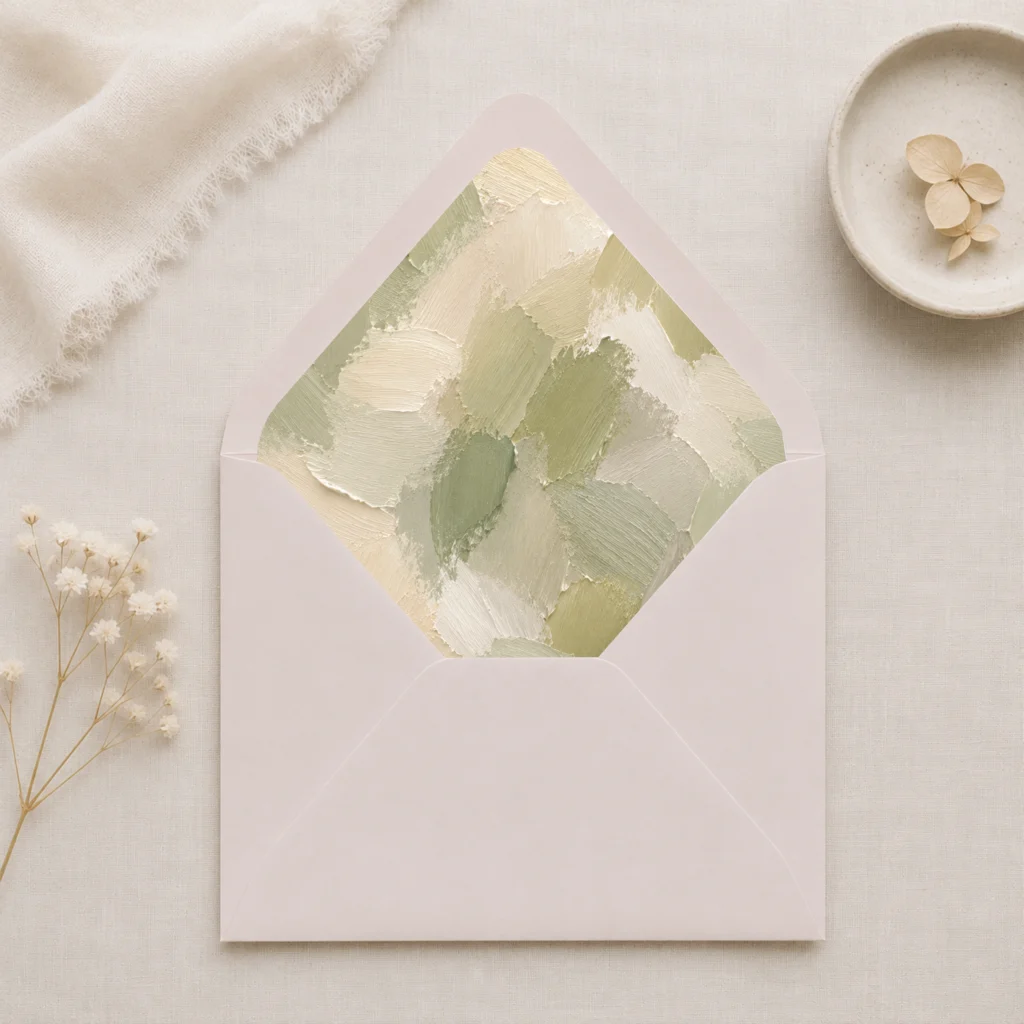 Taupe envelope featuring the Sage Canvas Envelope Liner Template with textured sage green, ivory, and cream brushstroke artwork for elegant wedding invitations.