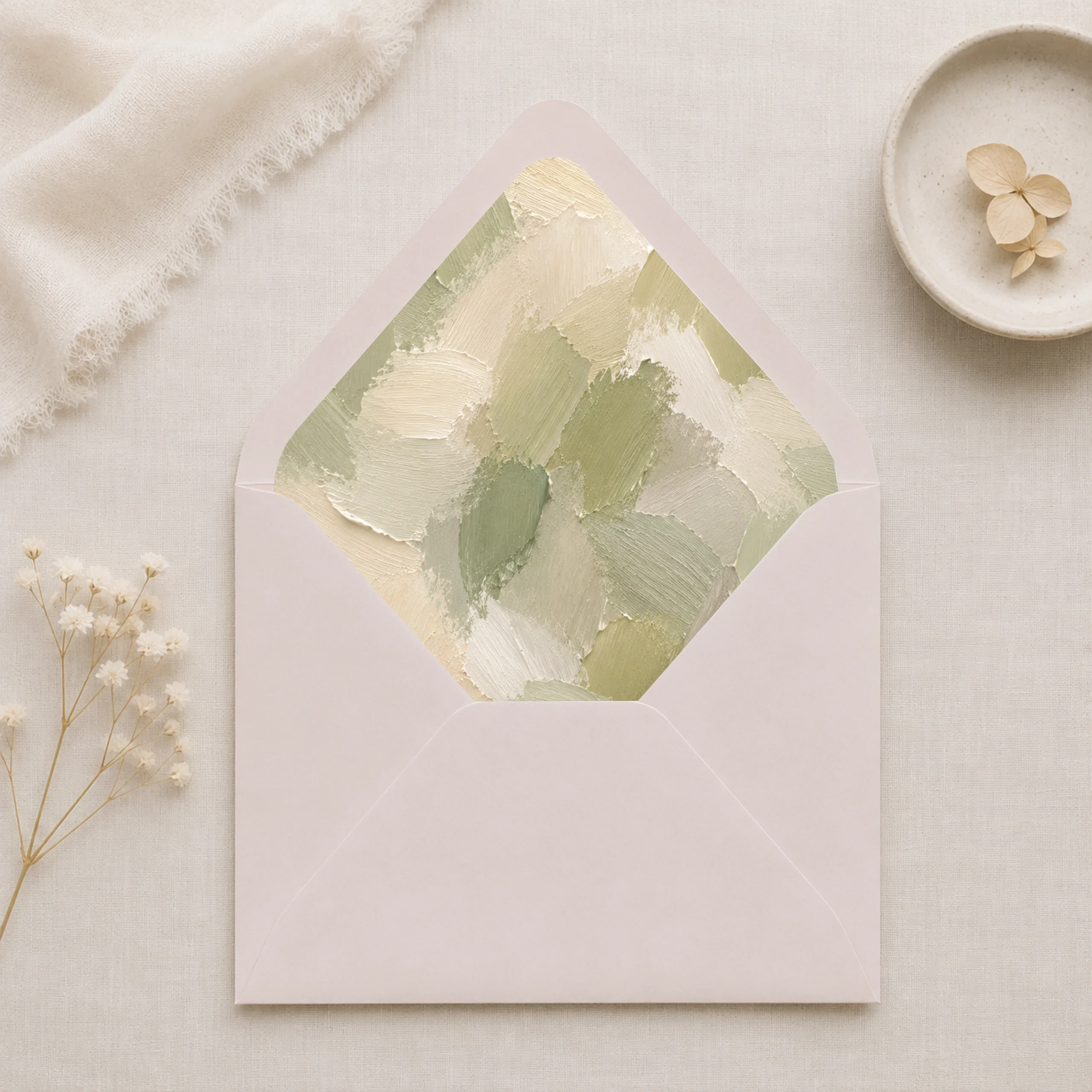 Taupe envelope featuring the Sage Canvas Envelope Liner Template with textured sage green, ivory, and cream brushstroke artwork for elegant wedding invitations.