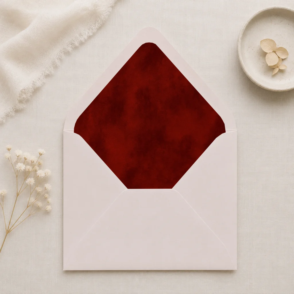 Taupe envelope with the Burgundy Velvet Envelope Liner Template featuring a rich deep burgundy watercolor texture for elegant wedding invitations.