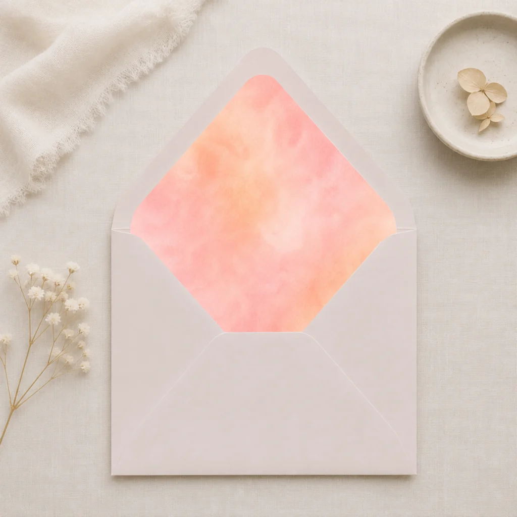 Taupe envelope with Apricot Blush watercolor envelope liner in soft peach and blush tones, creating an elegant and romantic wedding invitation presentation.