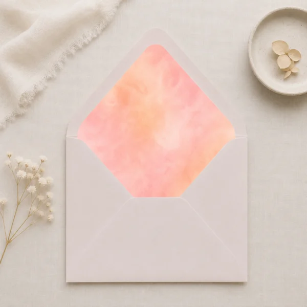 Taupe envelope with Apricot Blush watercolor envelope liner in soft peach and blush tones, creating an elegant and romantic wedding invitation presentation.