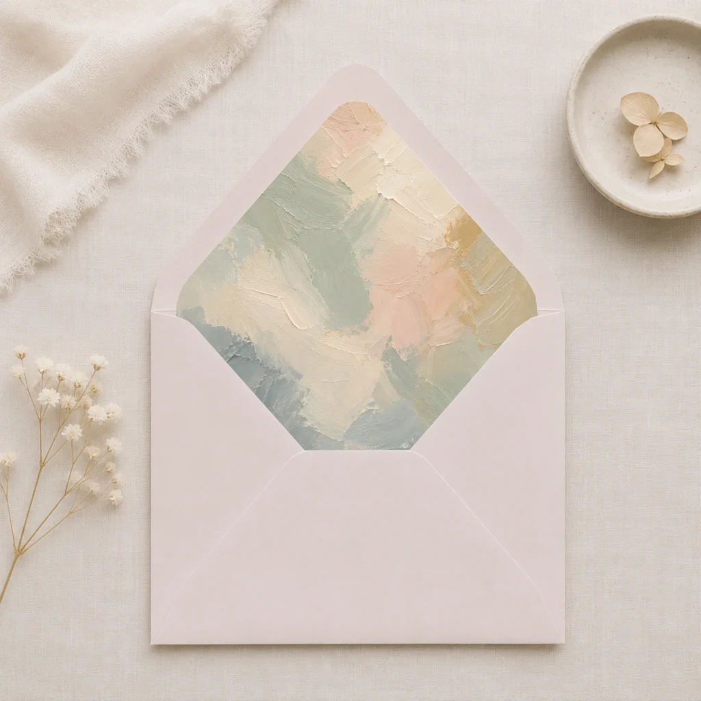 Taupe envelope with Painter's Blush envelope liner featuring textured brushstrokes in sage green, ivory, blush, beige, and muted blue for elegant wedding invitations.