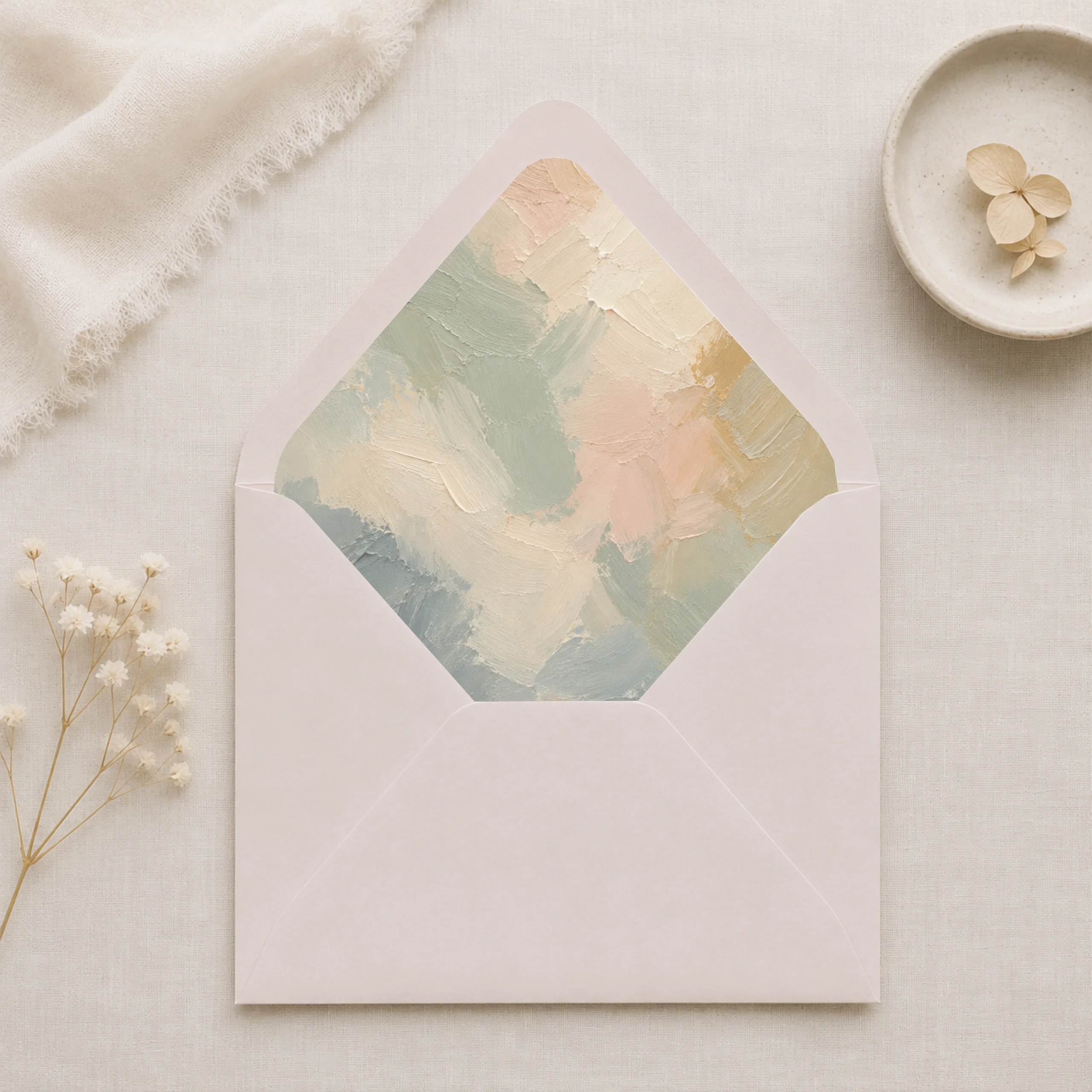 Taupe envelope with Painter's Blush envelope liner featuring textured brushstrokes in sage green, ivory, blush, beige, and muted blue for elegant wedding invitations.