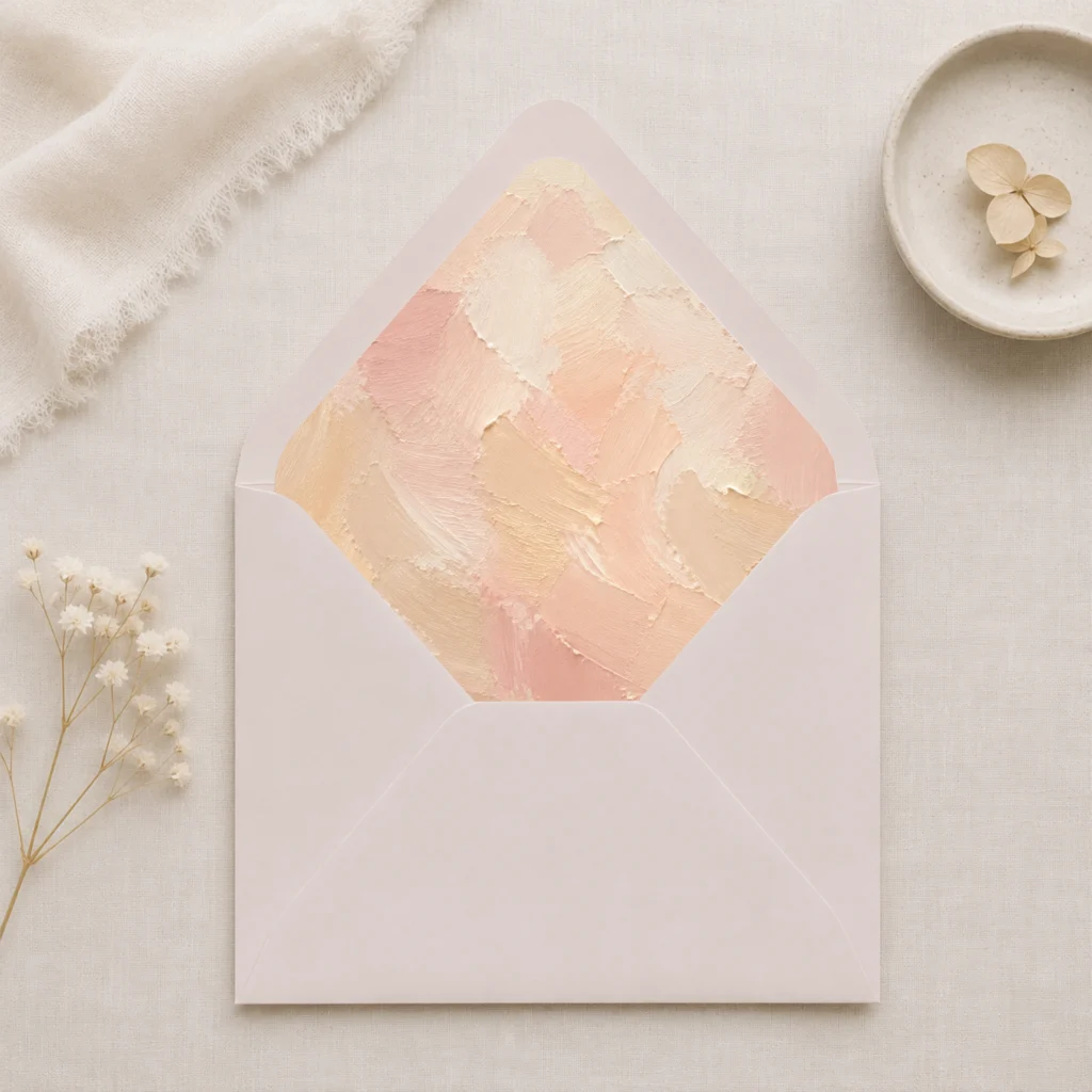 Taupe envelope with the Champagne Canvas envelope liner featuring painterly brushstrokes in champagne, blush pink, ivory, and warm cream, styled for elegant wedding invitations.