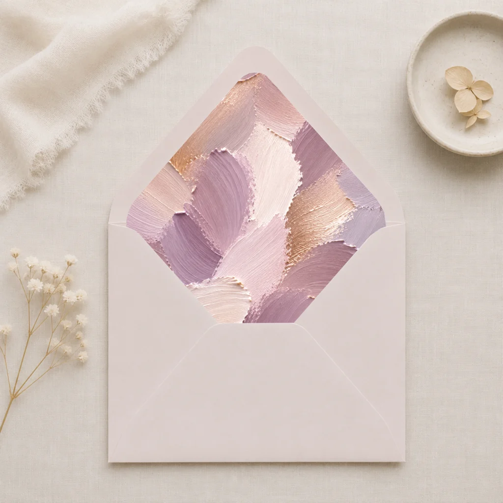 Taupe envelope with the Lavender Canvas envelope liner featuring textured painterly brushstrokes in lavender, mauve, champagne, ivory, blush pink, and warm taupe, styled for elegant wedding invitations.
