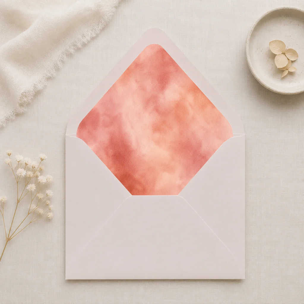 Taupe envelope with the Terracotta Blush envelope liner featuring a soft watercolor blend of terracotta, coral, blush pink, peach, and warm rose tones, styled for elegant wedding invitations.
