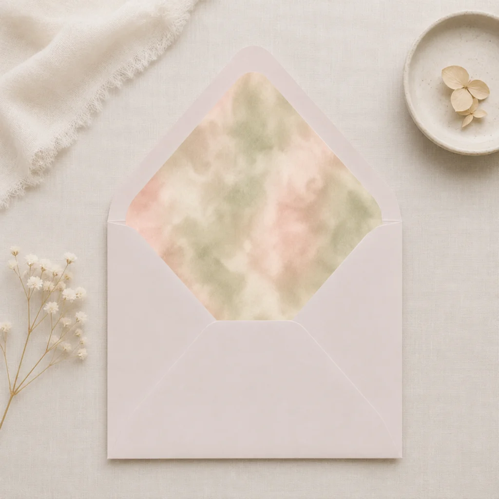 Taupe envelope with the Sage Blush Envelope Liner Template featuring soft watercolor sage green, blush pink, cream, and beige tones for elegant wedding invitations.