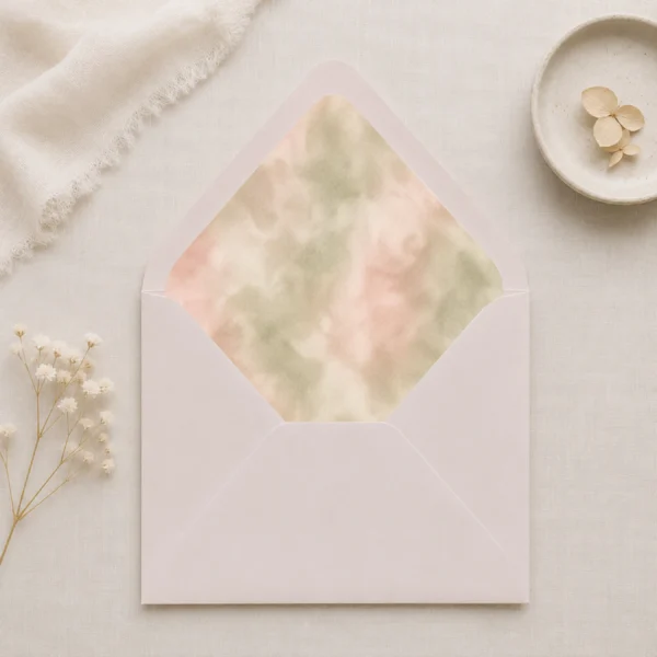 Taupe envelope with the Sage Blush Envelope Liner Template featuring soft watercolor sage green, blush pink, cream, and beige tones for elegant wedding invitations.