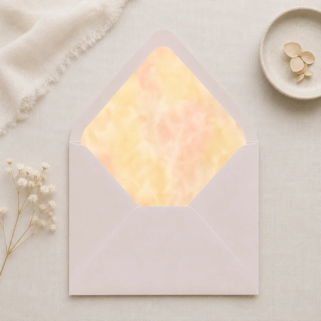 Butter Blush Envelope Liner Template displayed inside a Taupe envelope with soft butter yellow and blush watercolor design for elegant wedding invitations.