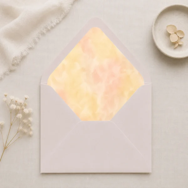 Butter Blush Envelope Liner Template displayed inside a Taupe envelope with soft butter yellow and blush watercolor design for elegant wedding invitations.