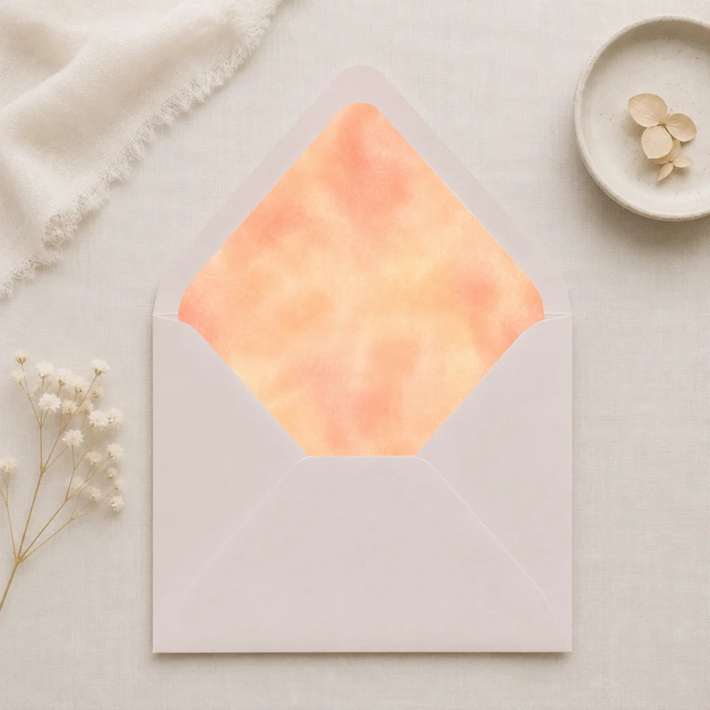 Taupe envelope featuring the Champagne Peach Envelope Liner Template with soft champagne and peach watercolor artwork for elegant wedding invitations.