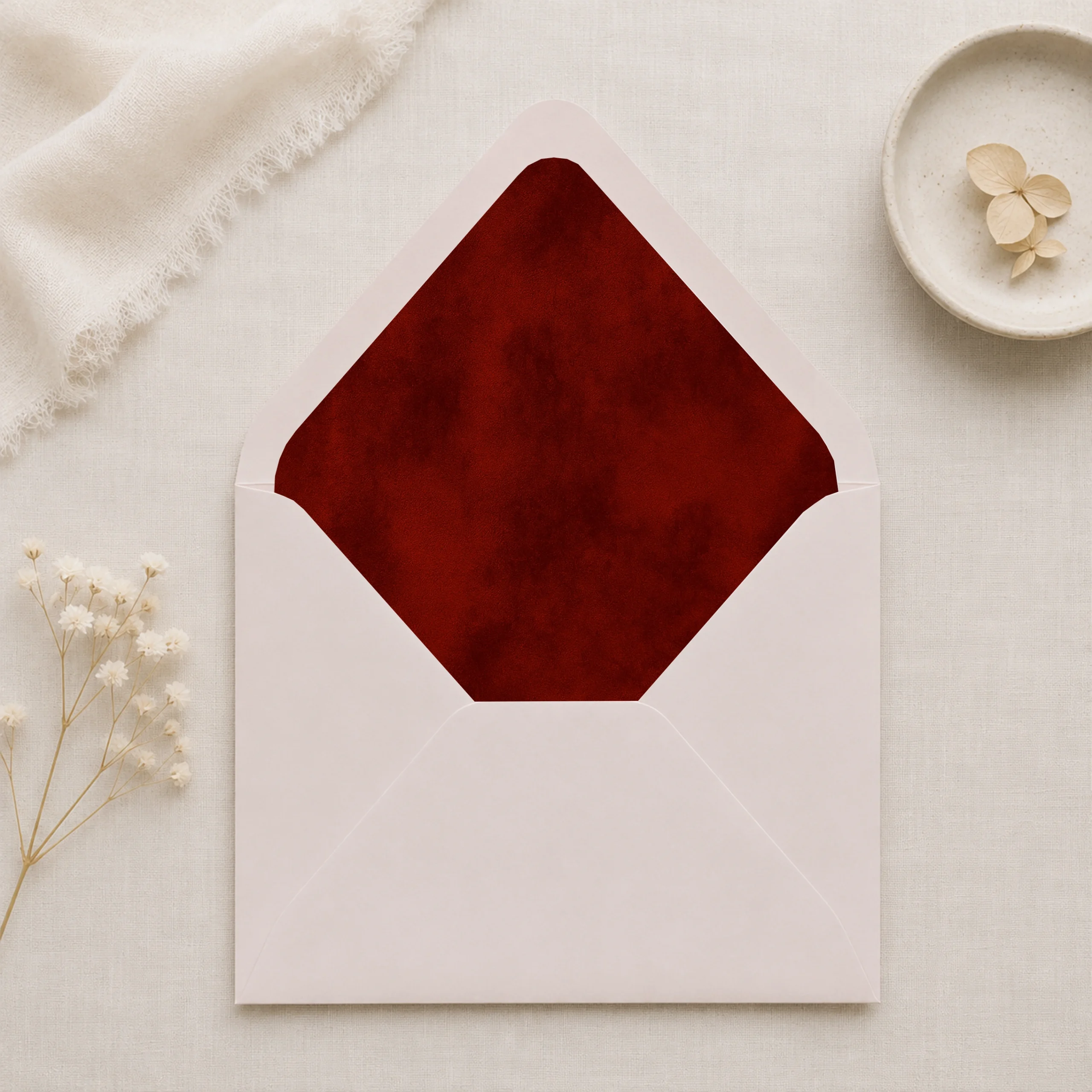 Taupe envelope with the Burgundy Velvet Envelope Liner Template featuring a rich deep burgundy watercolor texture for elegant wedding invitations.