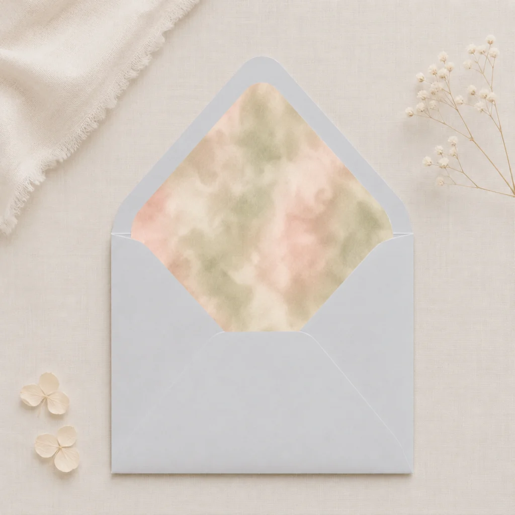 Zilvergrijs (Silver Grey) envelope with the Sage Blush Envelope Liner Template featuring soft watercolor sage green, blush pink, cream, and beige tones for elegant wedding invitations.