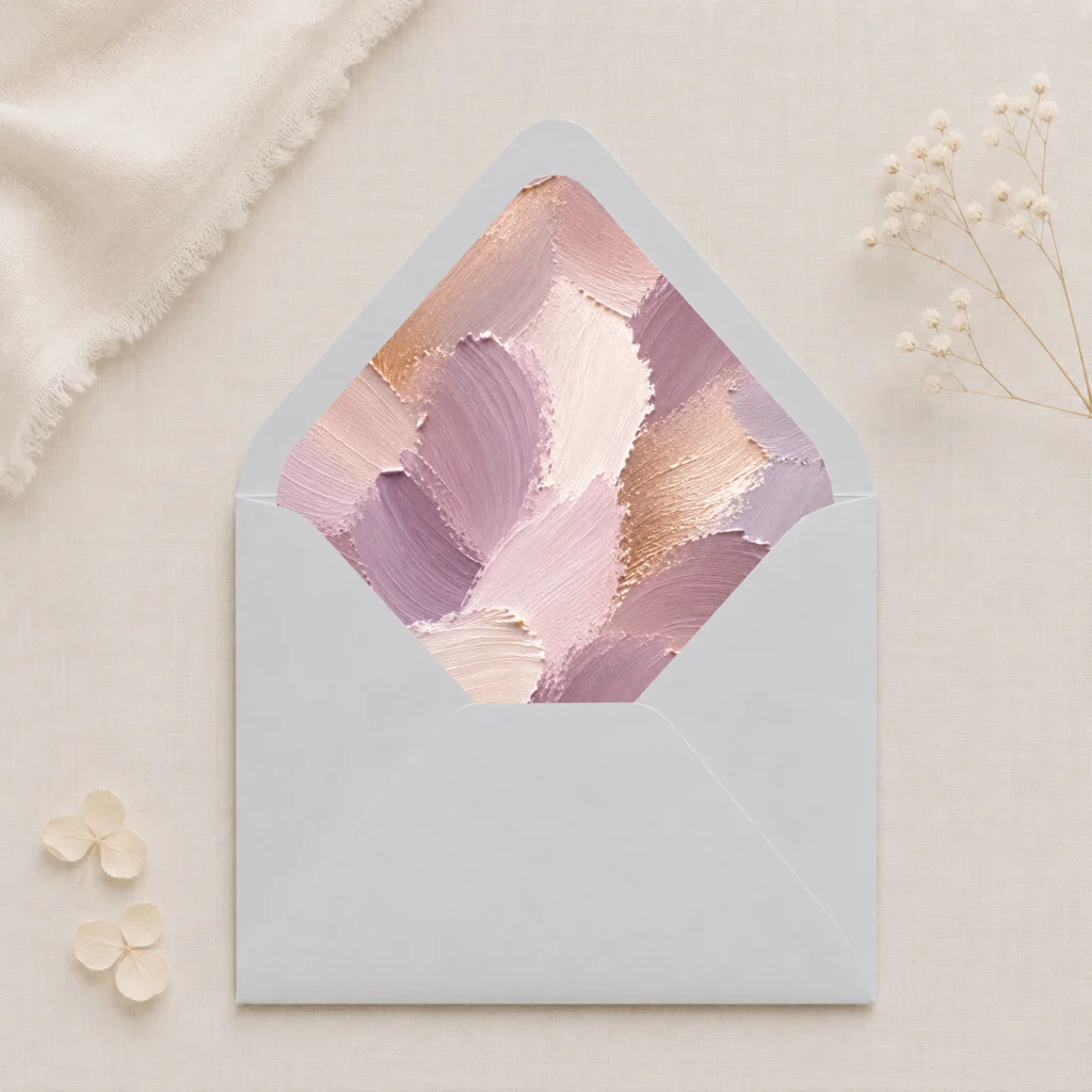 Zilvergrijs (Silver Grey) envelope with the Lavender Canvas envelope liner featuring textured painterly brushstrokes in lavender, mauve, champagne, blush pink, ivory, and warm taupe, styled for elegant wedding invitations.