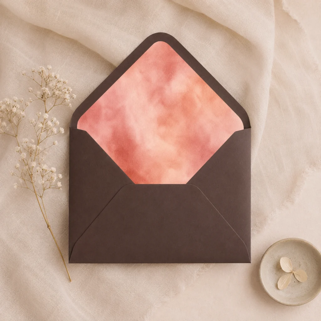 Chocolate brown envelope with the Terracotta Blush envelope liner featuring a soft watercolor blend of terracotta, coral, blush pink, peach, and warm rose tones, styled for elegant wedding invitations.
