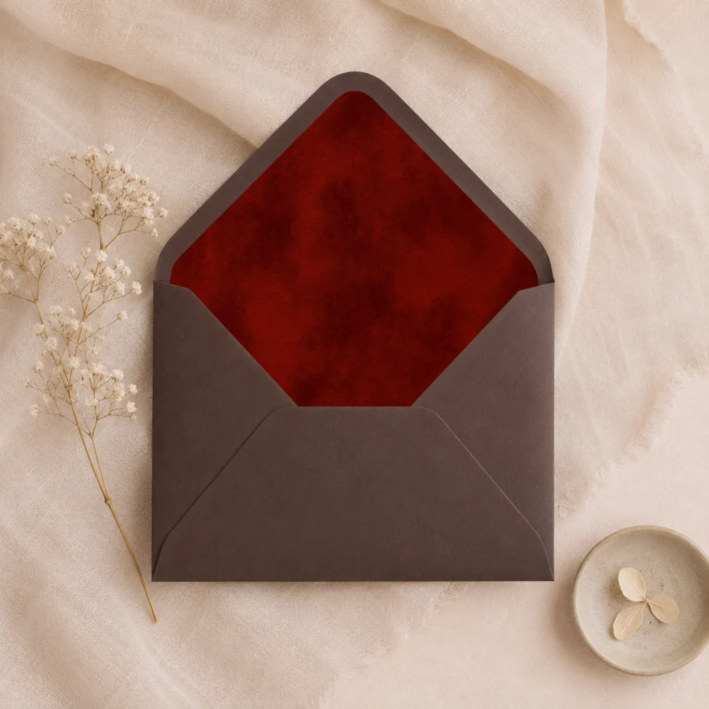 Seasons Chocolat (Chocolate) envelope with the Burgundy Velvet Envelope Liner Template featuring a rich deep burgundy watercolor texture for elegant wedding invitations.
