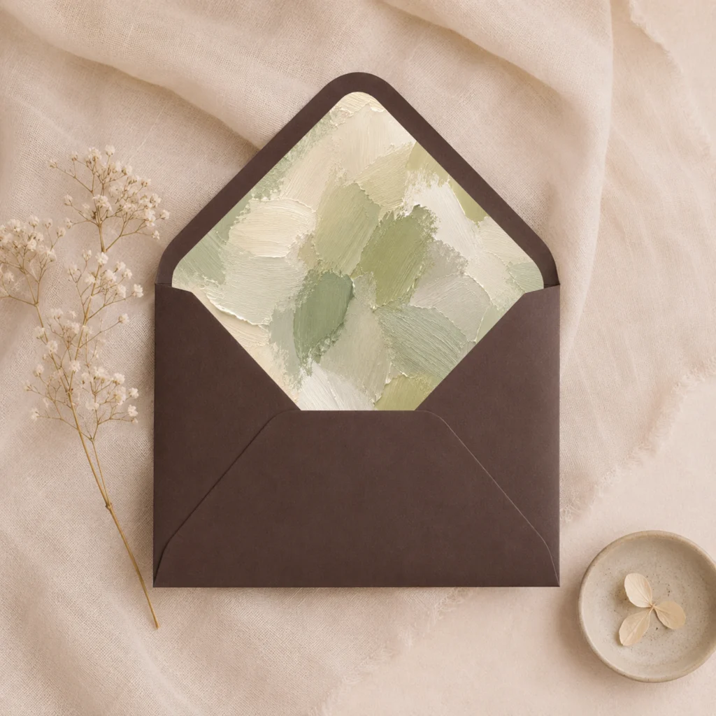 Chocolate brown envelope featuring the Sage Canvas Envelope Liner Template with textured sage green, olive, ivory, and cream brushstroke artwork for elegant wedding invitations.