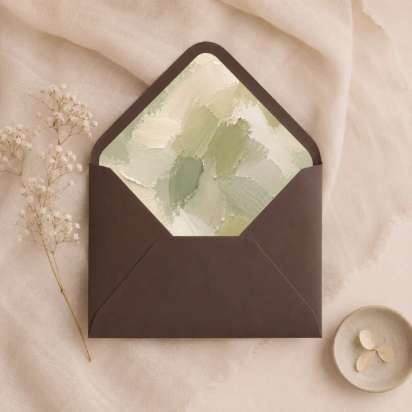 Chocolate brown envelope featuring the Sage Canvas Envelope Liner Template with textured sage green, olive, ivory, and cream brushstroke artwork for elegant wedding invitations.