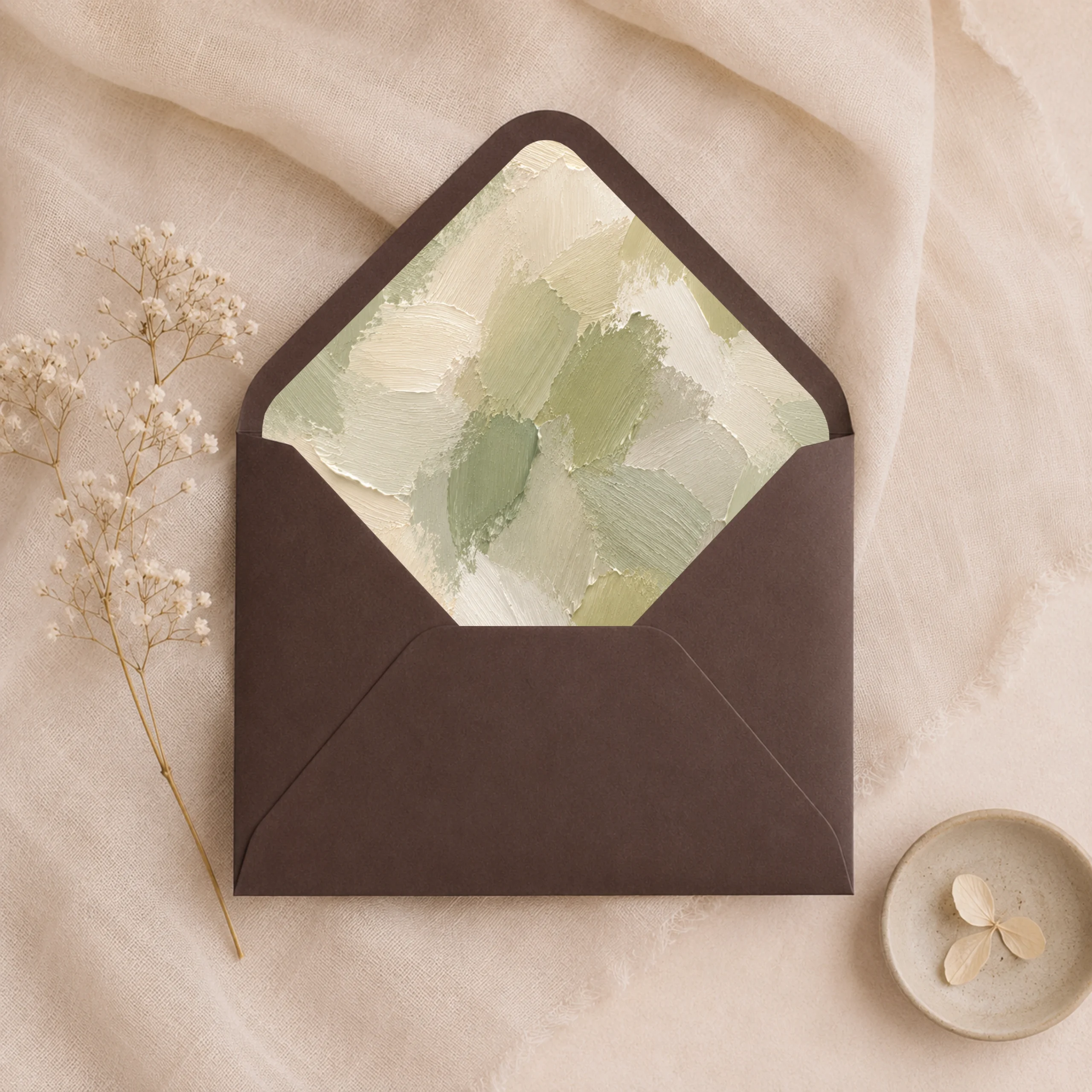 Chocolate brown envelope featuring the Sage Canvas Envelope Liner Template with textured sage green, olive, ivory, and cream brushstroke artwork for elegant wedding invitations.