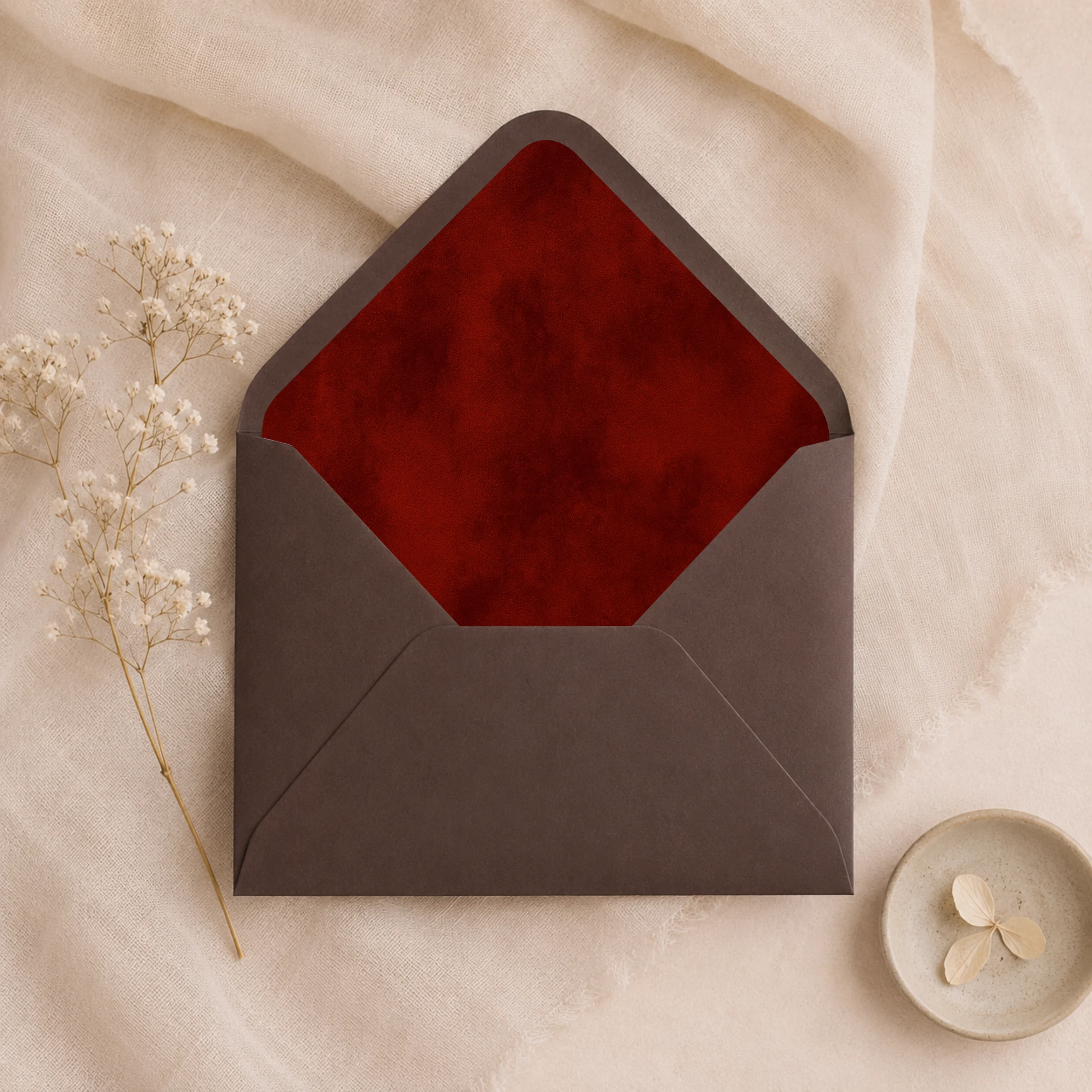Seasons Chocolat (Chocolate) envelope with the Burgundy Velvet Envelope Liner Template featuring a rich deep burgundy watercolor texture for elegant wedding invitations.