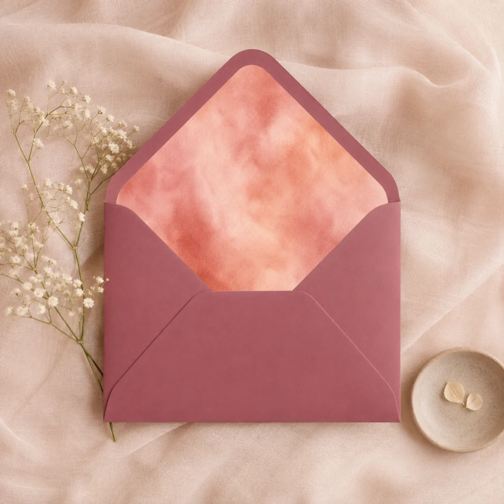 Framboos (Seasons Raspberry) envelope with the Terracotta Blush envelope liner featuring a soft watercolor blend of terracotta, coral, blush pink, peach, and warm rose tones, styled for elegant wedding invitations.