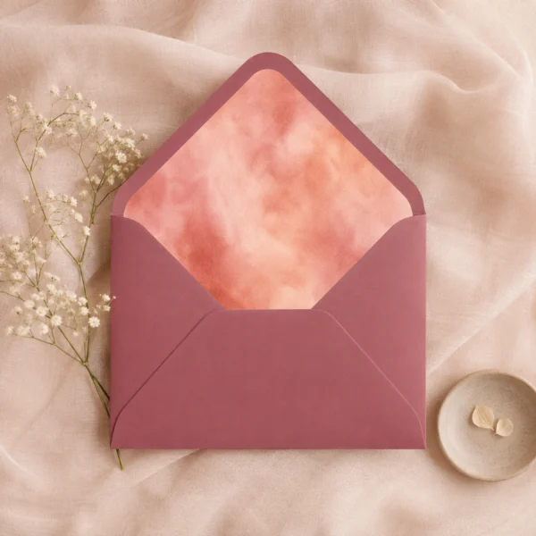 Framboos (Seasons Raspberry) envelope with the Terracotta Blush envelope liner featuring a soft watercolor blend of terracotta, coral, blush pink, peach, and warm rose tones, styled for elegant wedding invitations.