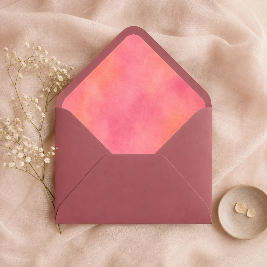 Blush Velvet envelope liner inside a raspberry Euro flap envelope, creating a romantic and vibrant look for wedding invitations and elegant stationery.