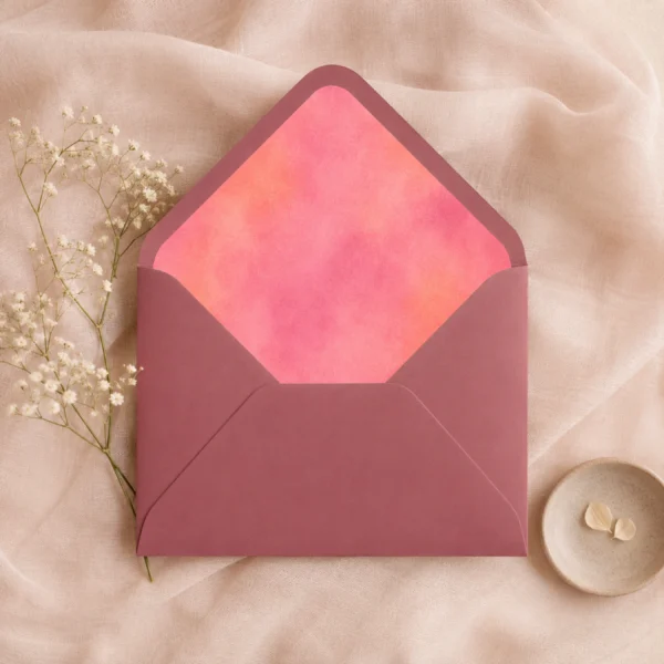 Blush Velvet envelope liner inside a raspberry Euro flap envelope, creating a romantic and vibrant look for wedding invitations and elegant stationery.