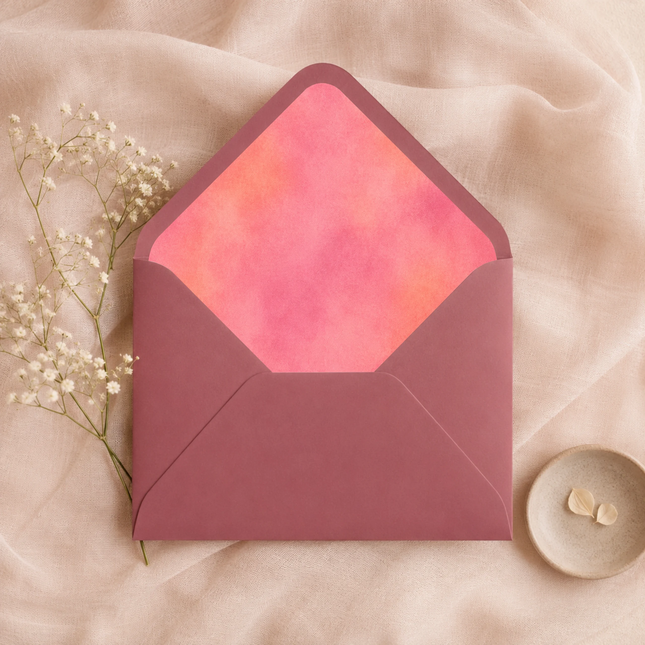 Blush Velvet envelope liner inside a raspberry Euro flap envelope, creating a romantic and vibrant look for wedding invitations and elegant stationery.